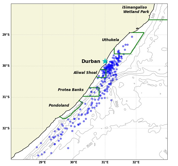 Identification des tourbillons à l'aide de DURBS (modèle numérique à résolution de 1km). Les points bleus représentent les centres des tourbillons. (c) Gustav Rautenbach